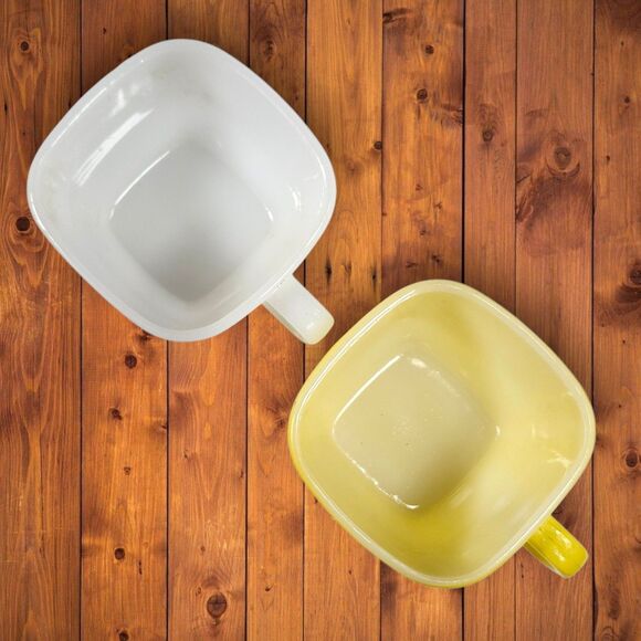 Vintage Glasbake Milk Glass Mugs Lot of 2 White & Yellow Block Handle Square Mug - Picture 4 of 10